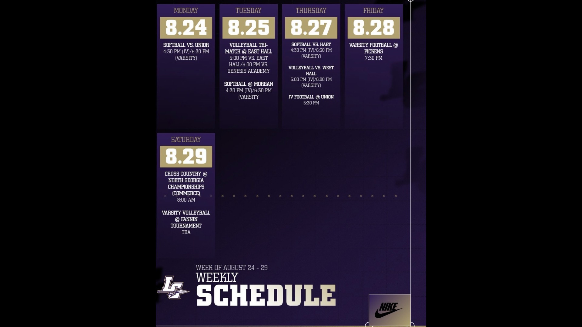 Slide 3 - LCHS Athletics - August 24 - 29, 2026