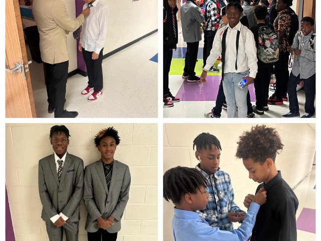 his morning Coach Harris taught the members of the boys basketball team how to tie ties! These young men are looking sharp at school for GAME DAY! 