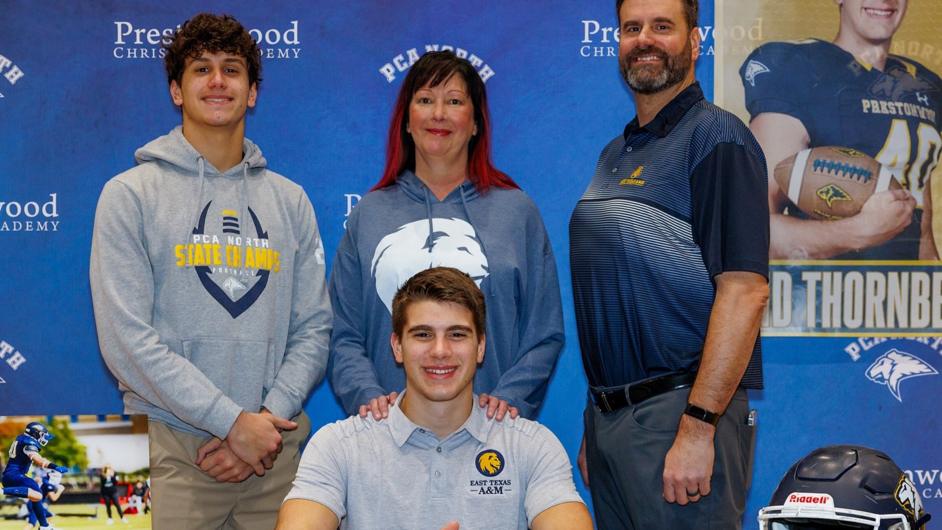  In 2025, Winter Thornberry, PCA North’s first football college signee, celebrates with family after committing to play tight end at East Texas A&M U