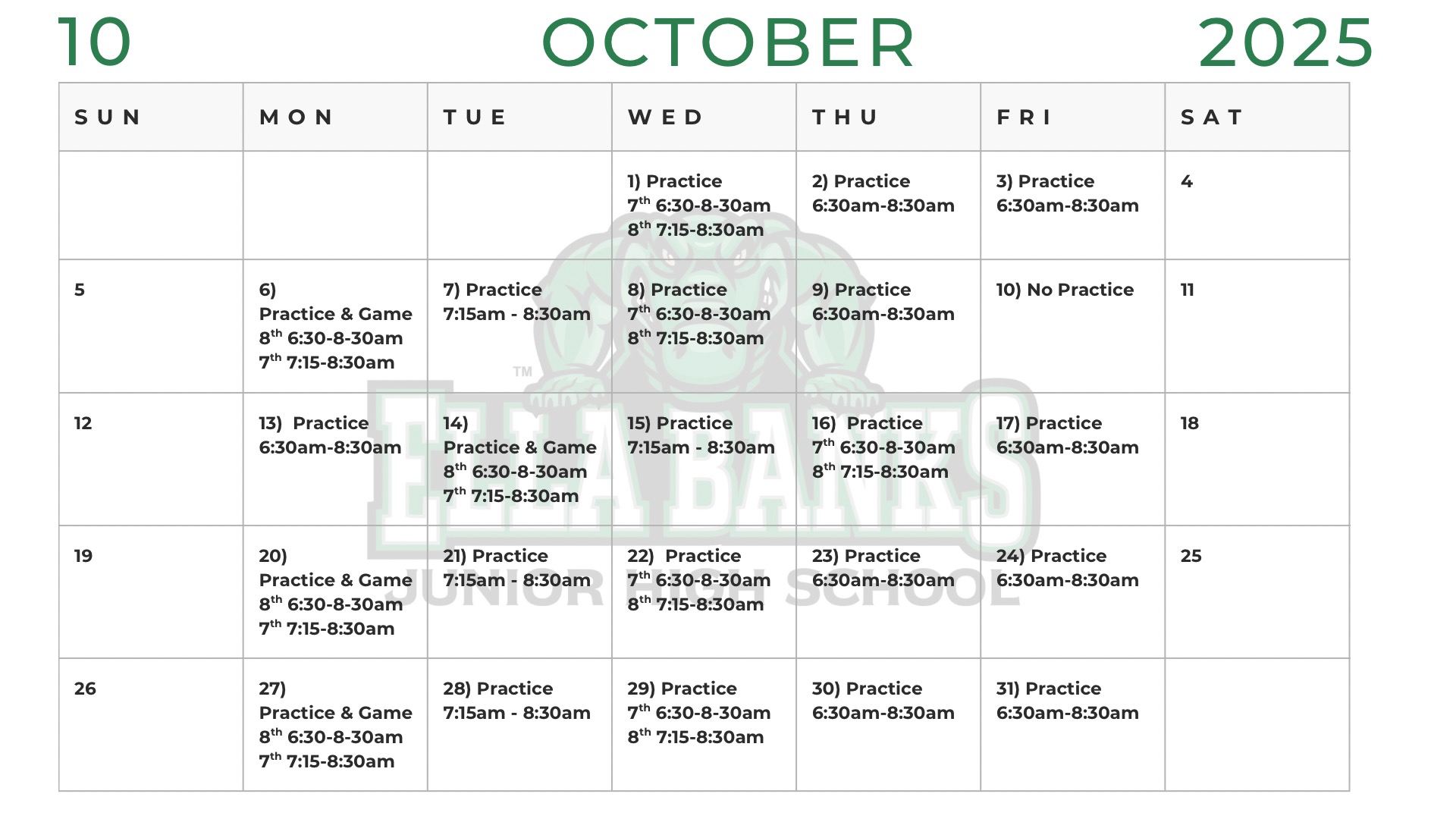 Slide 1 - October Practice Schedule 