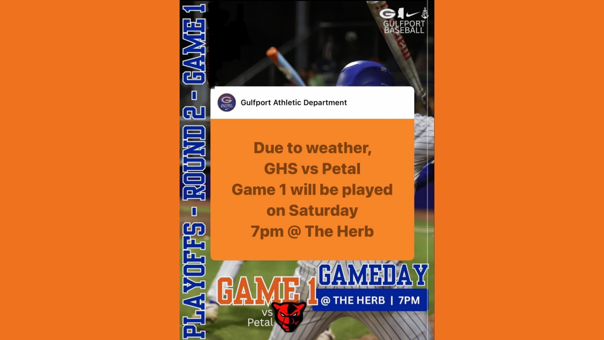 Slide 1 - Tonight's game has been moved to Saturday due to weather.