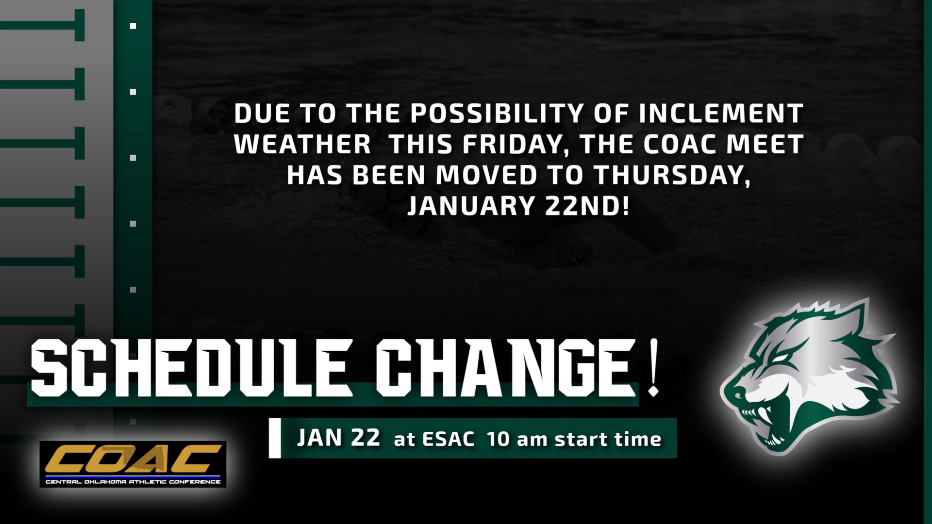 Due to weather coming in, the Swim meet has been moved to TODAY starting at 10 am.
