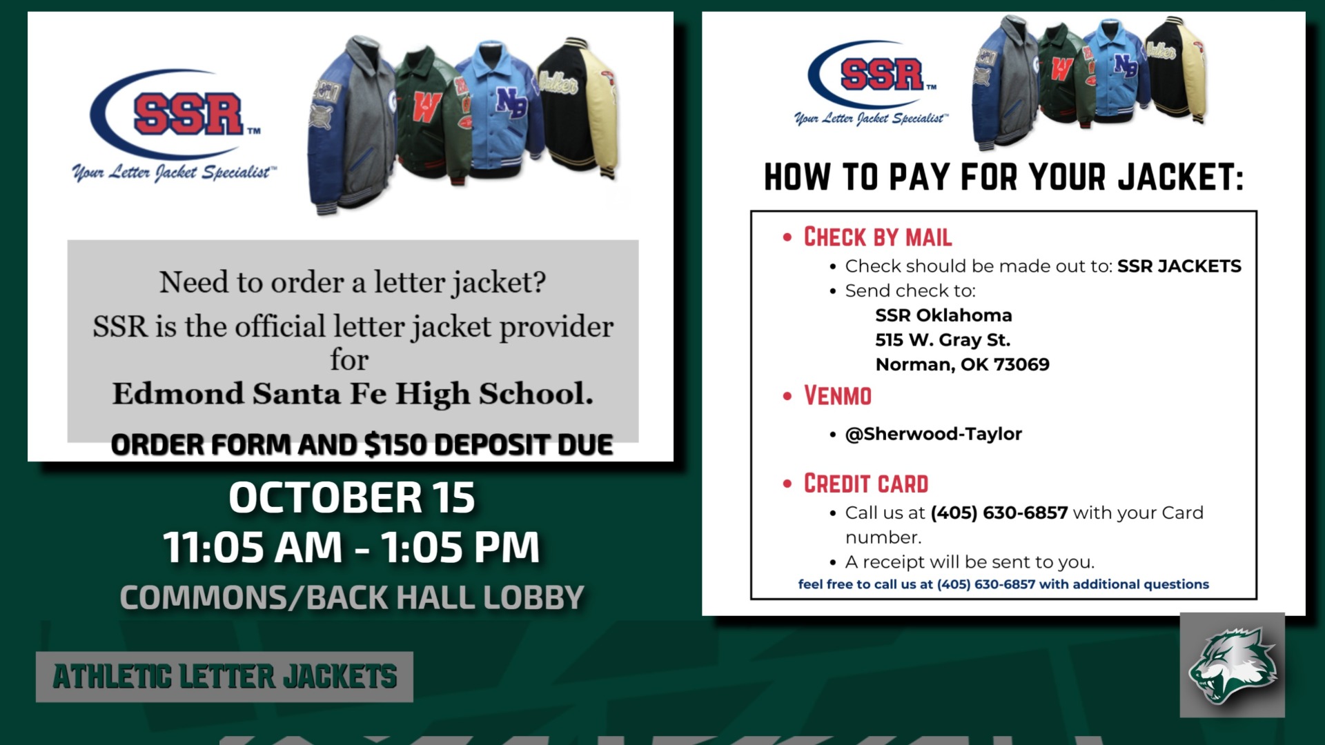 Get your SFHS SSR Letter Jacket!!! SSR will be at Santa Fe on 10/15 to take orders. They will be here from 11:05 - 1:05 pm (lunch hours) in the Common